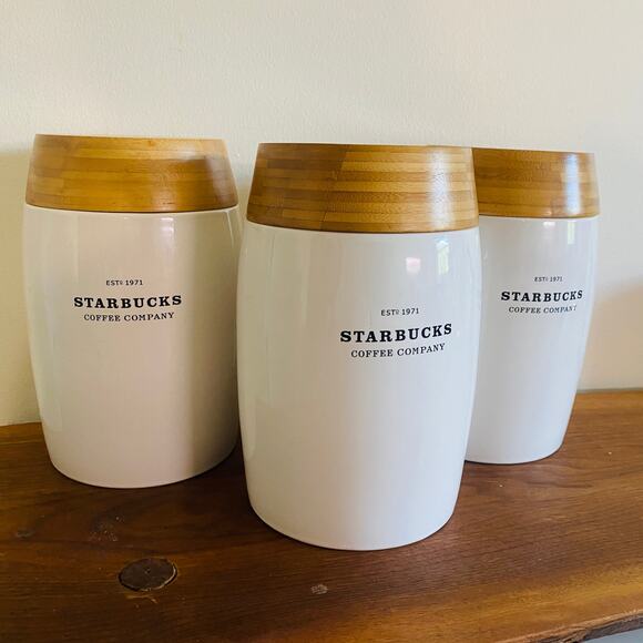 HTF Starbucks 2009 Set of 3 Coffee Tea Sugar Kitchen Counter Canisters - Picture 2 of 7